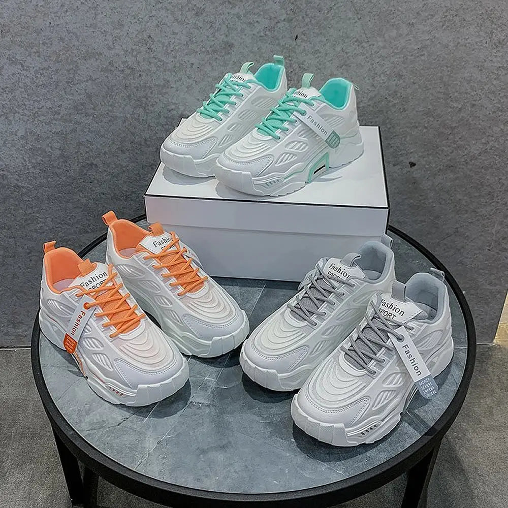 Womens Sneakers Tennis Female Korea Ladies Shoes Platform Trainers Fashion Casual Heels Thick Sole Mesh Breathable Lace-Up Shoes