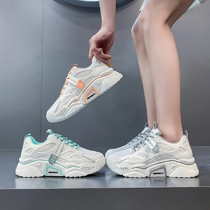 Womens Sneakers Tennis Female Korea Ladies Shoes Platform Trainers Fashion Casual Heels Thick Sole Mesh Breathable Lace-Up Shoes