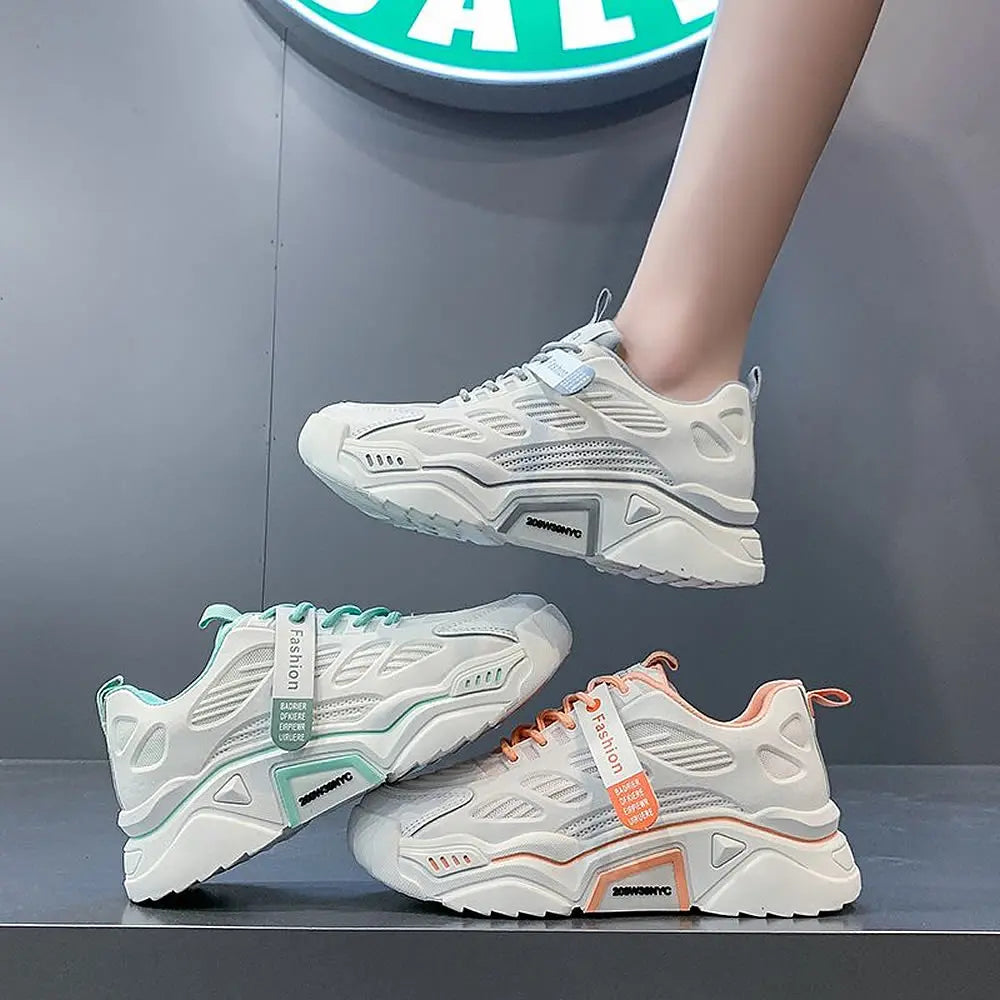 Womens Sneakers Tennis Female Korea Ladies Shoes Platform Trainers Fashion Casual Heels Thick Sole Mesh Breathable Lace-Up Shoes
