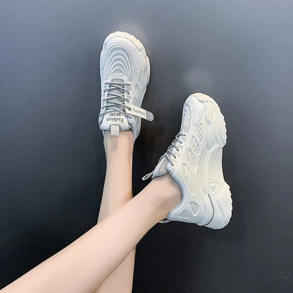 Womens Sneakers Tennis Female Korea Ladies Shoes Platform Trainers Fashion Casual Heels Thick Sole Mesh Breathable Lace-Up Shoes