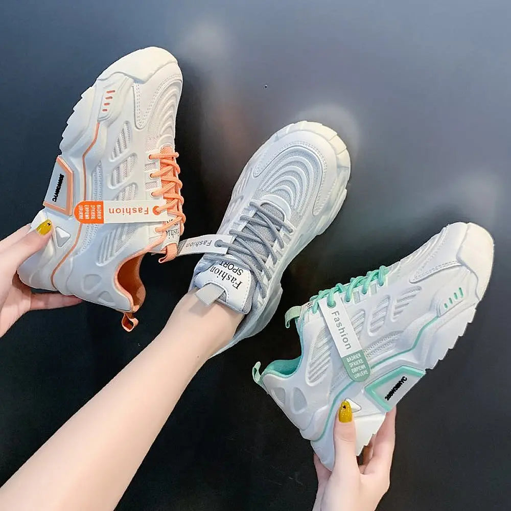 Womens Sneakers Tennis Female Korea Ladies Shoes Platform Trainers Fashion Casual Heels Thick Sole Mesh Breathable Lace-Up Shoes