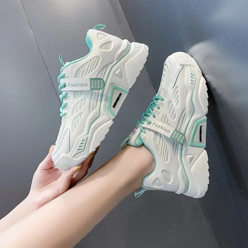 Womens Sneakers Tennis Female Korea Ladies Shoes Platform Trainers Fashion Casual Heels Thick Sole Mesh Breathable Lace-Up Shoes