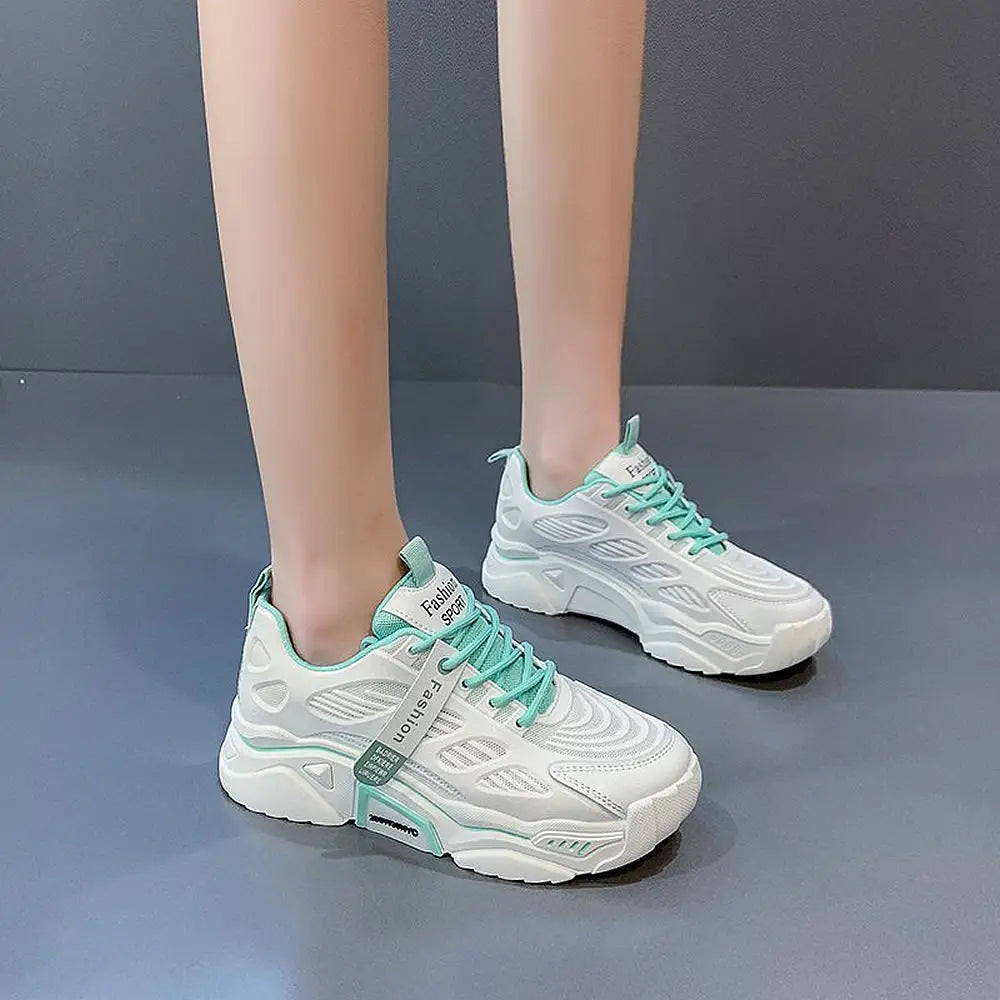 Womens Sneakers Tennis Female Korea Ladies Shoes Platform Trainers Fashion Casual Heels Thick Sole Mesh Breathable Lace-Up Shoes