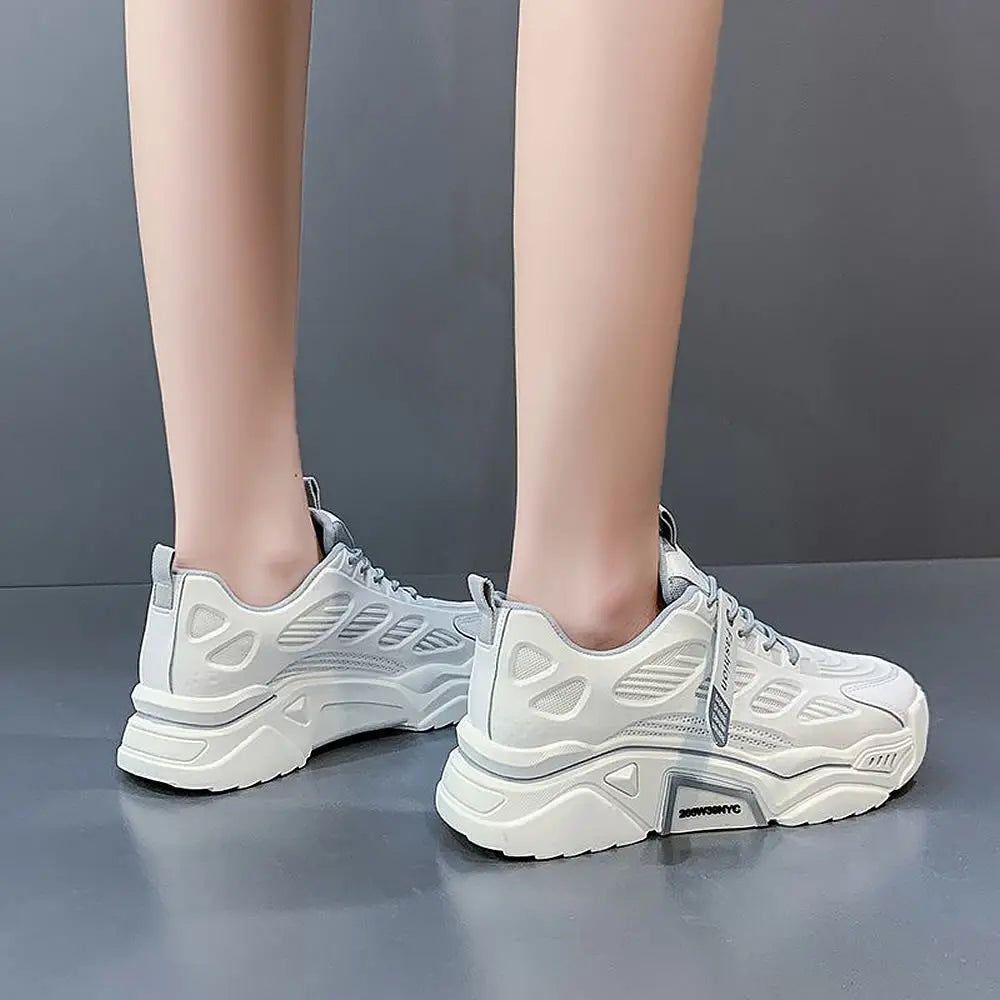 Womens Sneakers Tennis Female Korea Ladies Shoes Platform Trainers Fashion Casual Heels Thick Sole Mesh Breathable Lace-Up Shoes