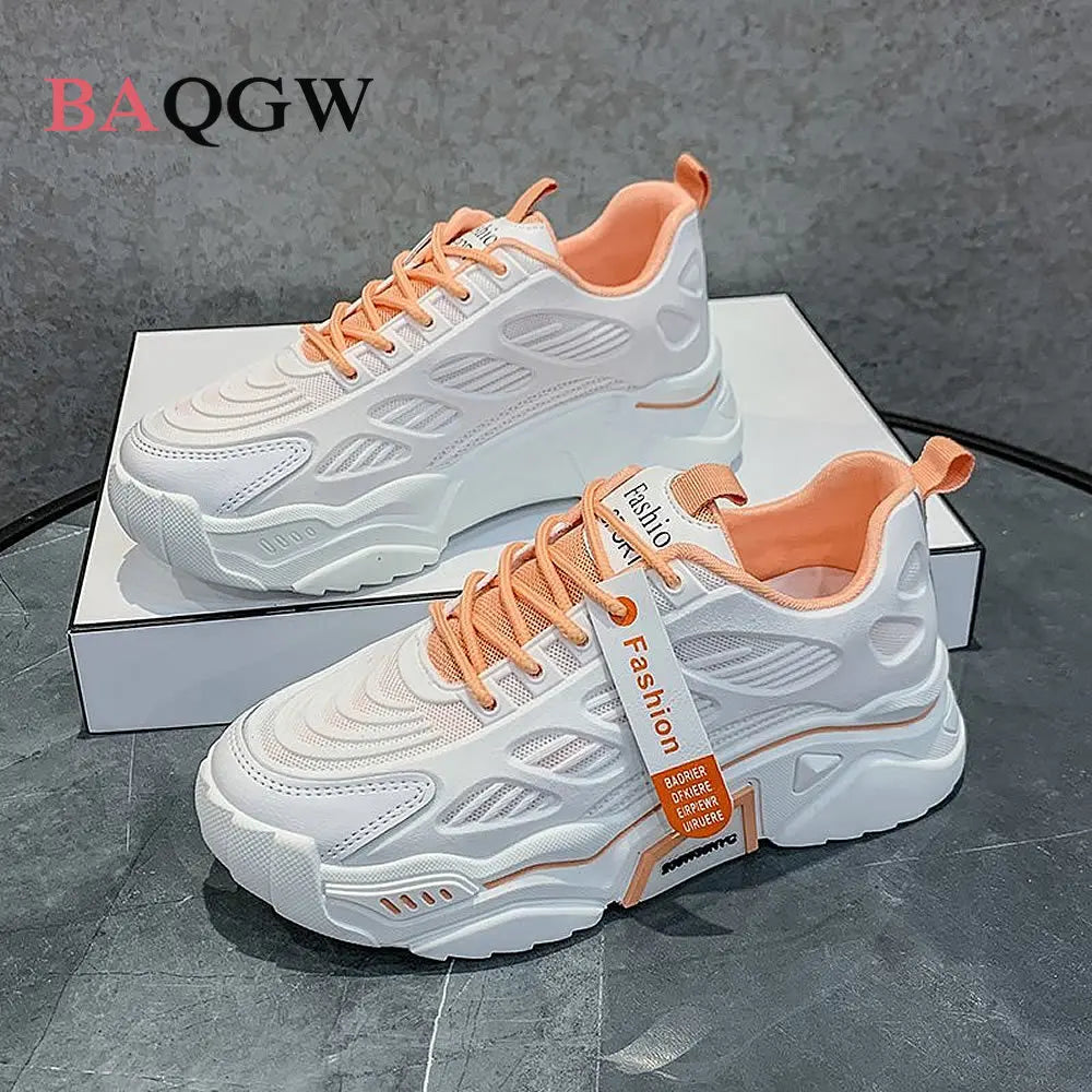 Womens Sneakers Tennis Female Korea Ladies Shoes Platform Trainers Fashion Casual Heels Thick Sole Mesh Breathable Lace-Up Shoes