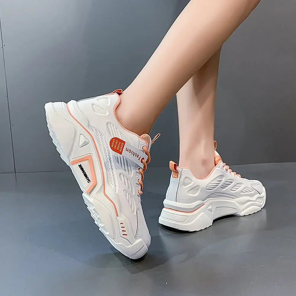Womens Sneakers Tennis Female Korea Ladies Shoes Platform Trainers Fashion Casual Heels Thick Sole Mesh Breathable Lace-Up Shoes