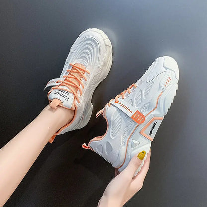 Womens Sneakers Tennis Female Korea Ladies Shoes Platform Trainers Fashion Casual Heels Thick Sole Mesh Breathable Lace-Up Shoes