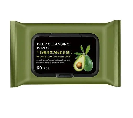 Non-irritating makeup wipes with avocado extract in a green package containing 60 deep cleansing wipes