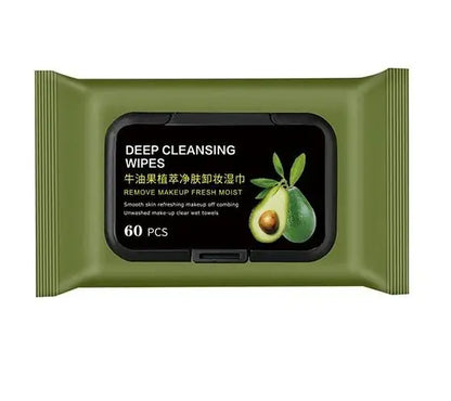 Non-irritating makeup wipes with avocado extract in a green package containing 60 deep cleansing wipes