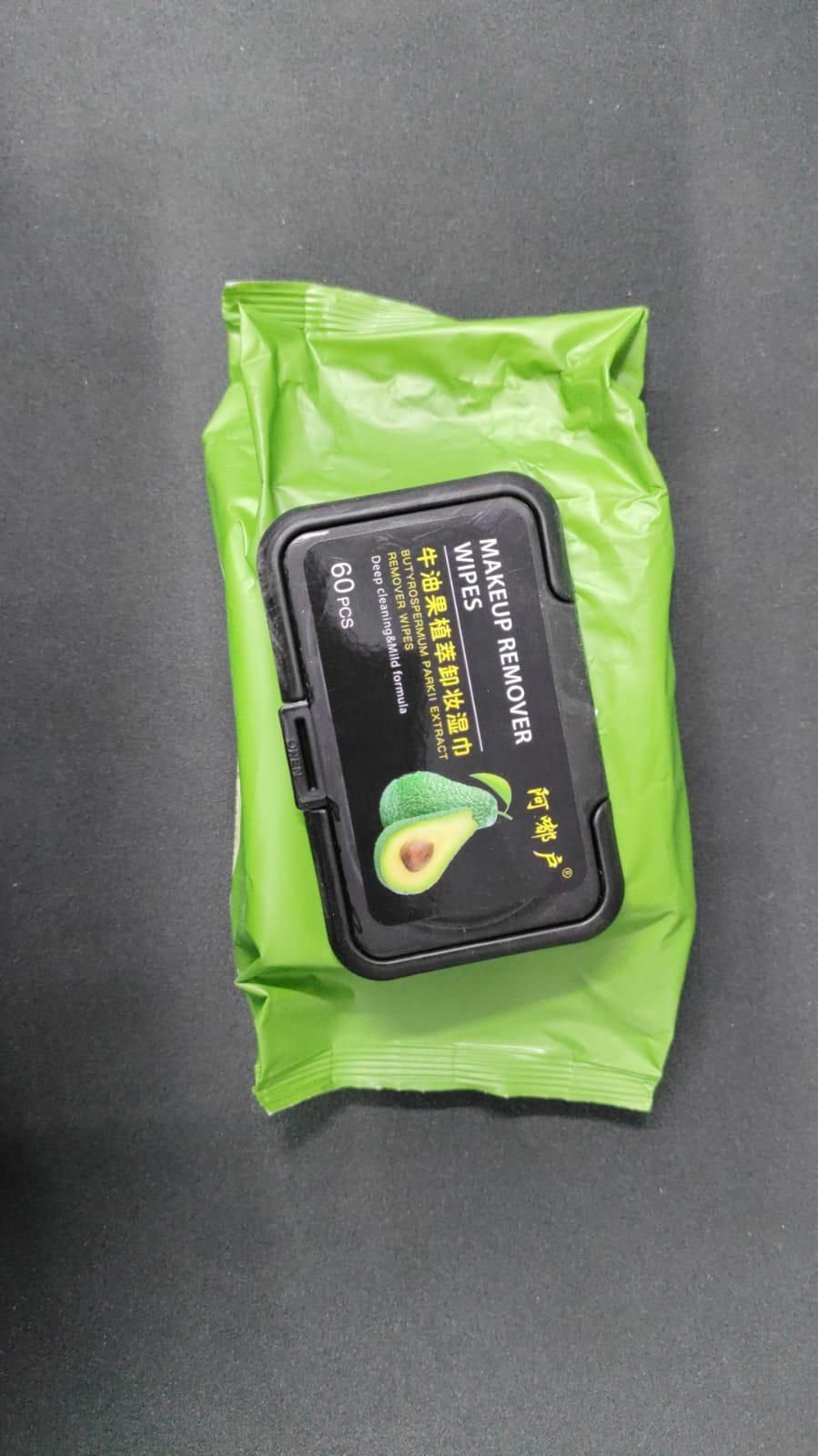 Green package of non-irritating makeup wipes with avocado extract for gentle makeup removal