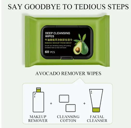 Non-irritating makeup wipes with avocado extract packaged in green deep cleansing wipes container with 60 pieces