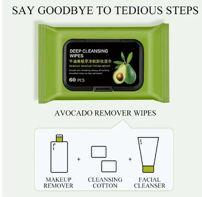Non-irritating makeup wipes with avocado extract packaged in green deep cleansing wipes container with 60 pieces