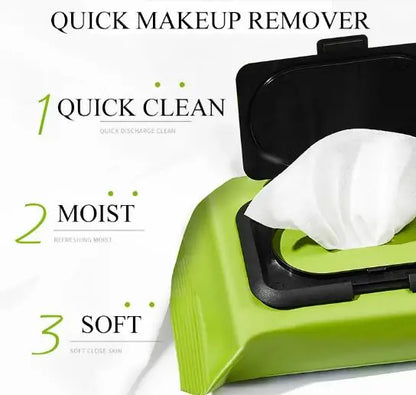 Non-irritating makeup wipes with avocado extract in green packaging for quick clean, moist, and soft skin