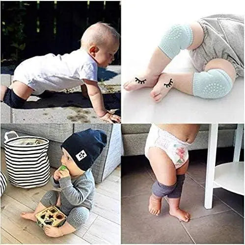Baby knee support for hardwood floors shown as soft padded knee pads on crawling and standing babies