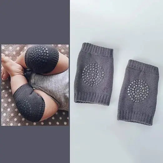 Gray baby knee support for hardwood floors with textured anti-slip grips for crawling protection