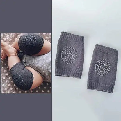 Gray baby knee support for hardwood floors with textured anti-slip grips for crawling protection