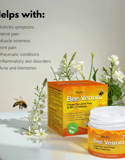 Dropdash bee venom pain relief cream for joint pain and skin problems with natural floral background