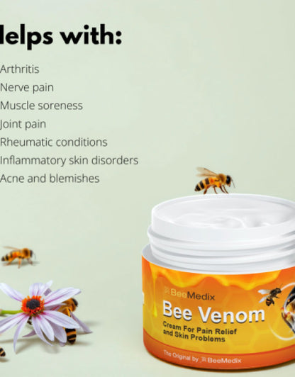 Dropdash Bee Venom pain relief cream jar with bees and flowers showcasing natural ingredients