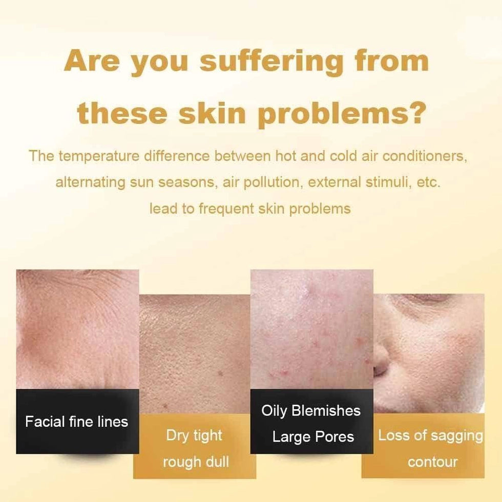 Skin problems including facial fine lines dry tight rough dull oily blemishes large pores loss of sagging contour deep cleansing gold face mask