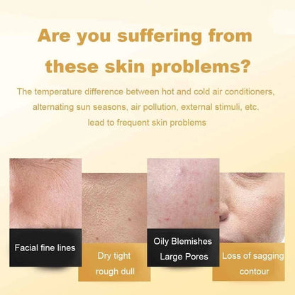 Skin problems including facial fine lines dry tight rough dull oily blemishes large pores loss of sagging contour deep cleansing gold face mask