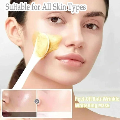 Woman applying deep cleansing gold face mask on cheek for stretch marks and scar treatment
