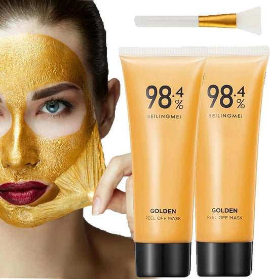Deep cleansing gold face mask peel off tubes with brush and woman peeling off golden facial mask