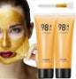 Deep cleansing gold face mask peel off tubes with brush and woman peeling off golden facial mask