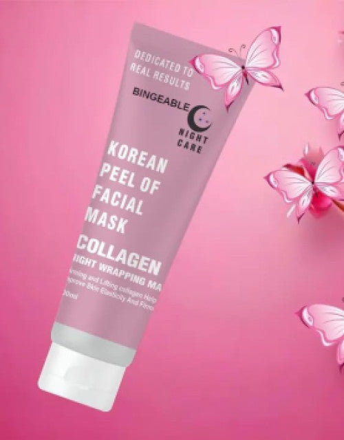 Dropdash Korean peel off facial mask tube with collagen and vitamin C moisturizing gel on pink background with butterflies