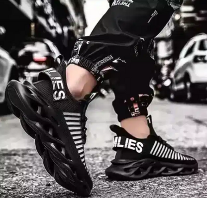 Black lightweight athletic shoes men with striped design and breathable mesh for superior comfort