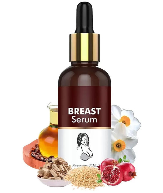 Natural breast enhancement oil bottle with dropper and ingredients like pomegranate and flowers