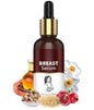 Natural breast enhancement oil bottle with dropper and ingredients like pomegranate and flowers