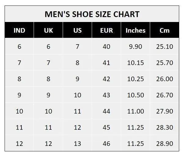 Men's shoe size chart showing IND, UK, US, EUR sizes with inches and cm measurements