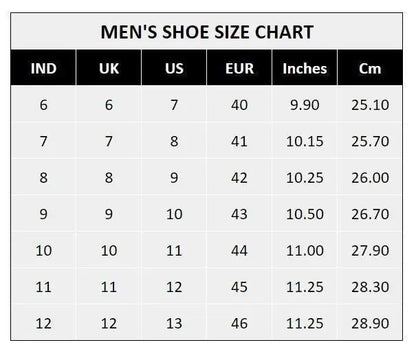 Men's shoe size chart showing IND, UK, US, EUR sizes with inches and cm measurements