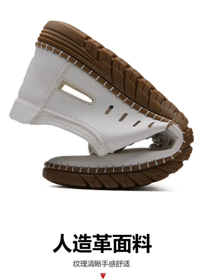 Flexible breathable white shoes for men with brown soles and cut-out side vents