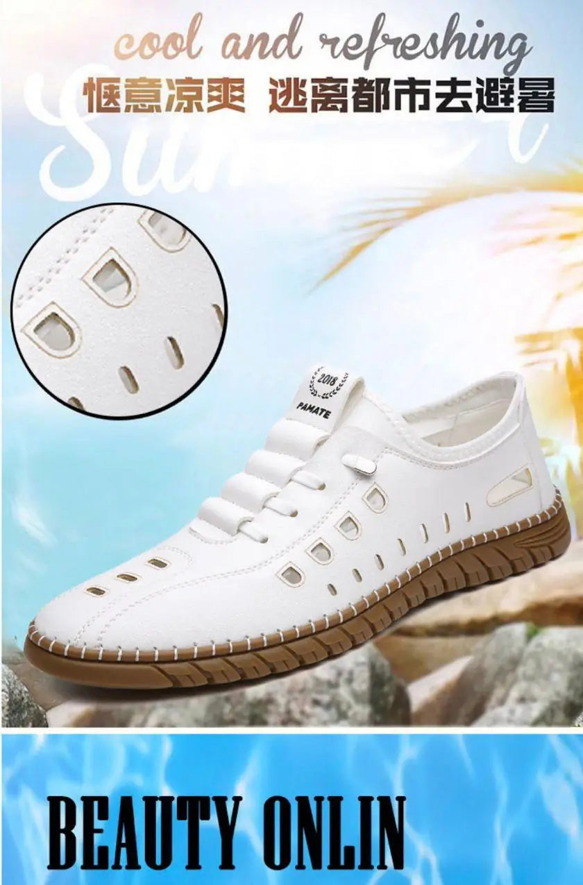 Breathable white shoes for men with perforated design and brown flexible sole for casual wear