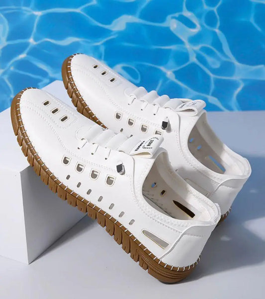 Breathable white shoes for men with brown sole and ventilation holes for casual wear