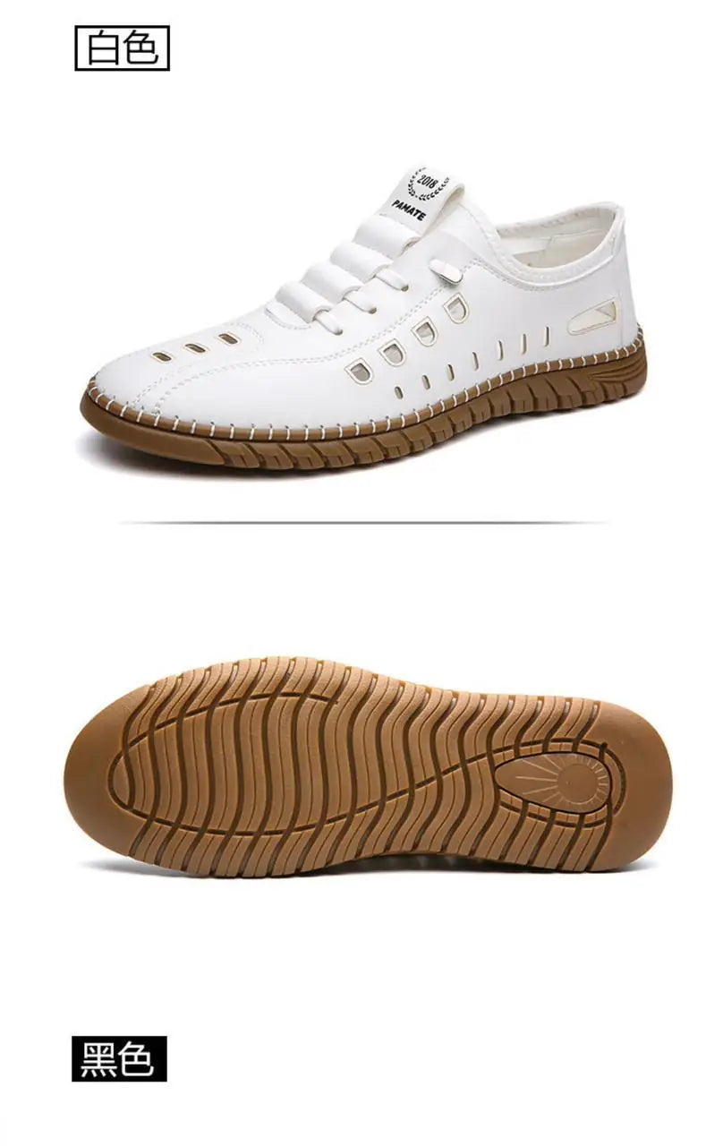Men's casual breathable white shoes for men with brown flexible sole and perforated upper design
