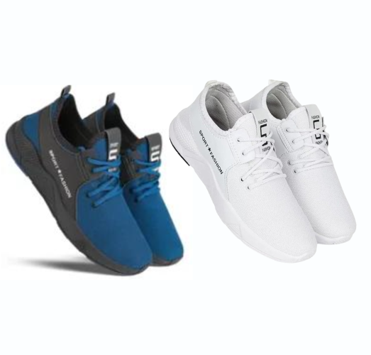 Pair of blue and white men's sports shoes with laces to buy affordable men's sports sneakers online