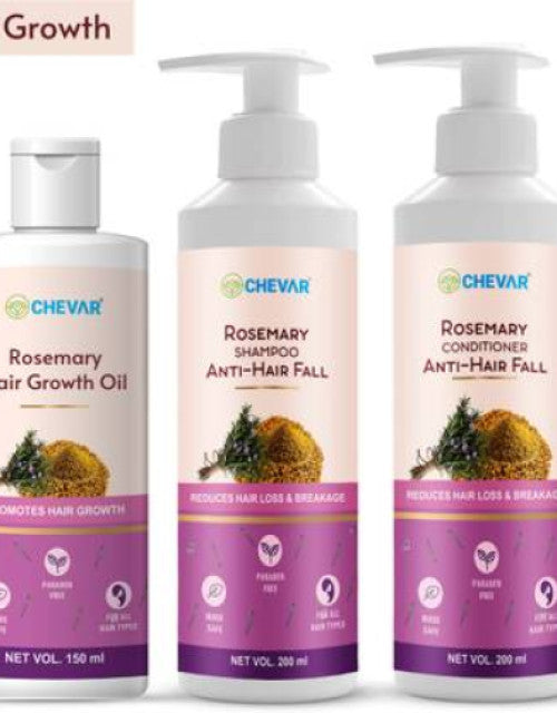 Chevar rosemary hair growth kit with hair growth oil, anti-hair fall shampoo, and conditioner promoting healthy hair