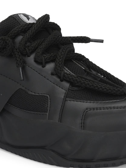 Close-up of comfortable black running shoes with breathable mesh and sturdy sole for men