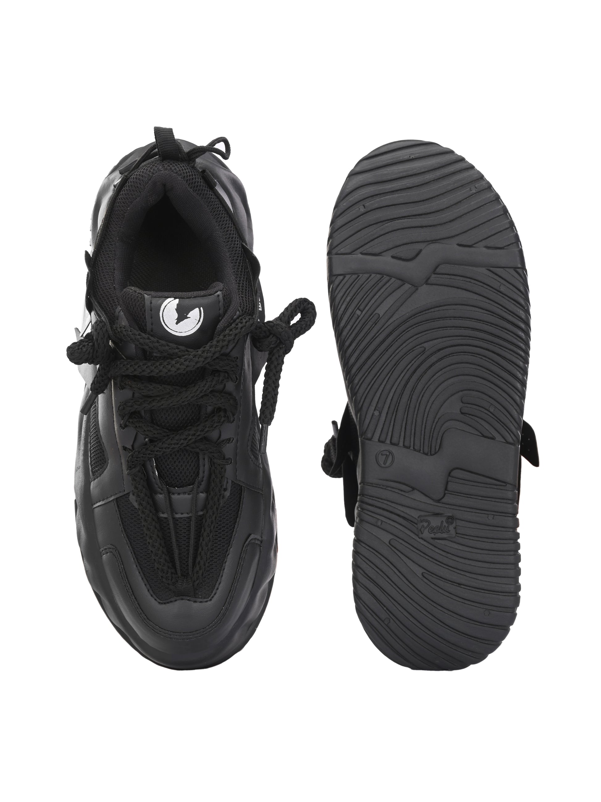 Comfortable black running shoes for men showing top and sole view with lace-up design