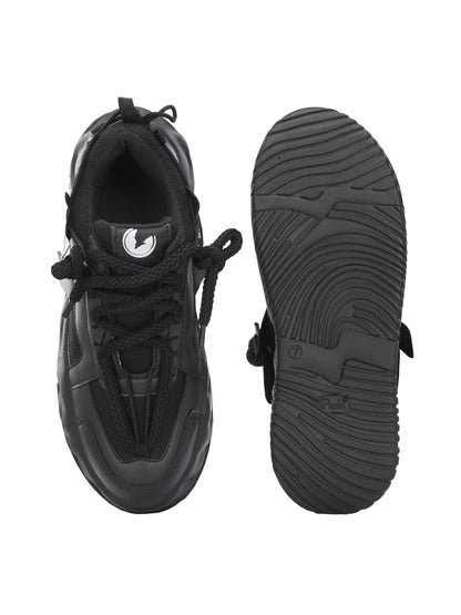 Comfortable black running shoes for men showing top and sole view with lace-up design
