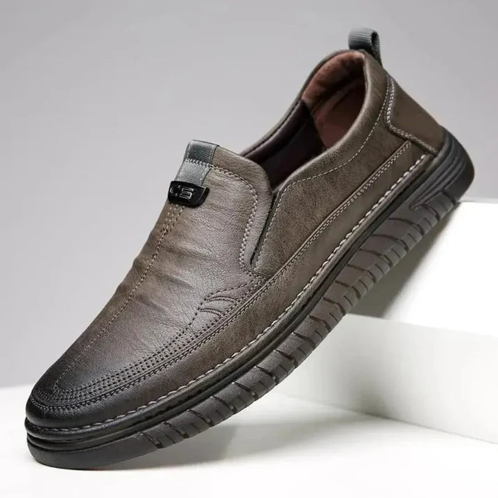Men's formal comfortable everyday leather shoes in brown with slip-on design and textured sole