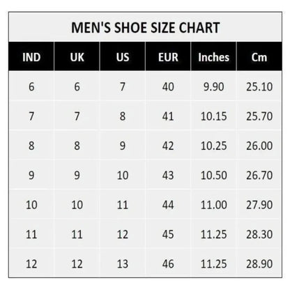 Mens formal shoes size chart showing IND UK US EUR sizes with inches and centimeters measurements for comfortable everyday leather shoes