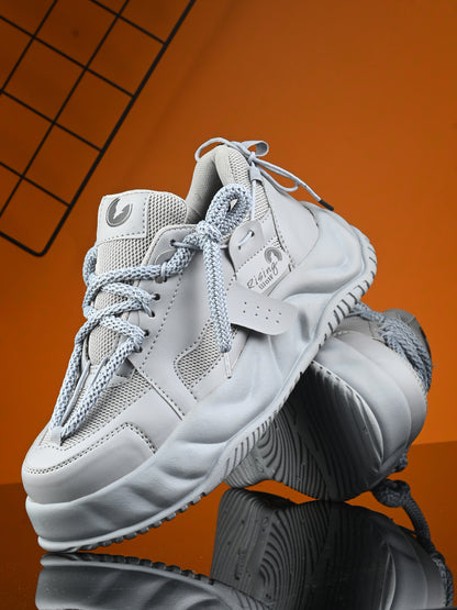 Mens comfortable grey running shoes with thick sole and padded mesh upper for sports