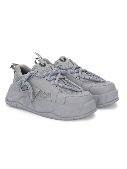 Comfortable grey running shoes for men with thick soles and breathable mesh panels