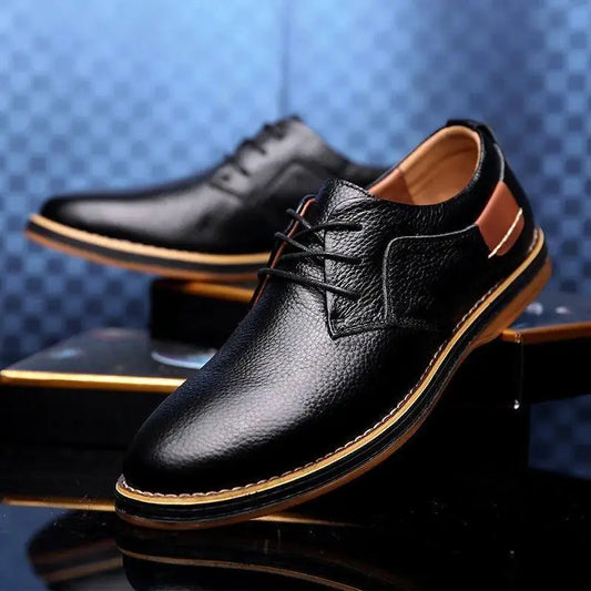 Black comfortable men's lace up dress shoes with brown accents and durable sole for casual wear