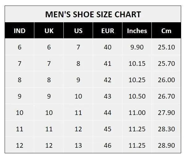 Size chart for comfortable men's lace up dress shoes showing US UK EUR sizes and measurements in inches and centimeters