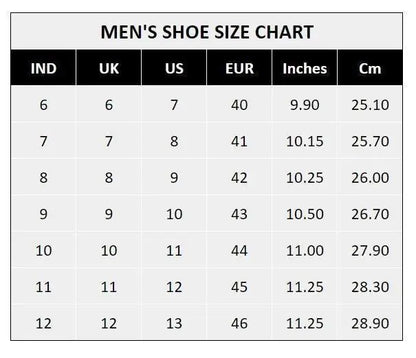 Size chart for comfortable men's lace up dress shoes showing US UK EUR sizes and measurements in inches and centimeters