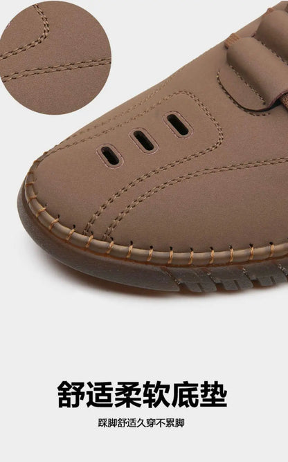 Close-up of comfortable slip on tan shoes showing detailed stitching and breathable design for men's casual wear